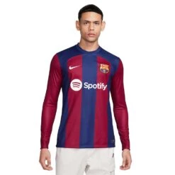 Men's FC Barcelona 2023/24 Stadium Home Nike Dri-FIT Long-Sleeve Soccer Jersey- Deep Royal Blue/Noble Red/White