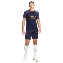 Men's Paris Saint-Germain Strike Nike Dri-FIT Knit Soccer Top- Blackened Blue/Blackened Blue/Team Red/Gold Suede